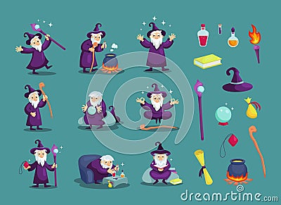 Wizard male character, mage, sorcerer in a mantle and hat Vector Illustration