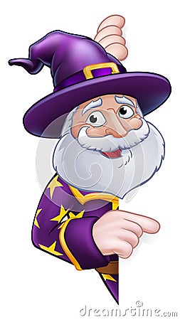 Wizard Cartoon Peeking Round Sign Pointing Vector Illustration