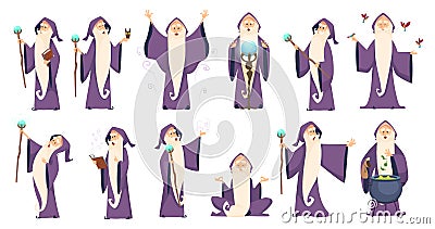 Wizard. Mysterious male magician in robe spelling oldster merlin vector cartoon characters Vector Illustration