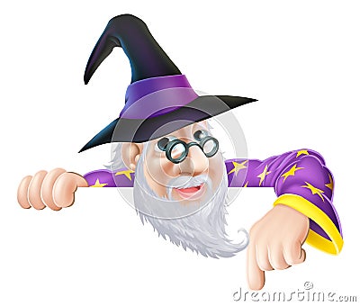 Wizard peeking over sign Vector Illustration