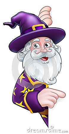 Wizard Peeking Round Sign Pointing Vector Illustration