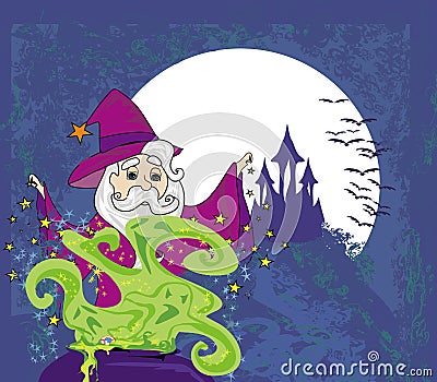 Wizard preparing potion - grunge card Vector Illustration