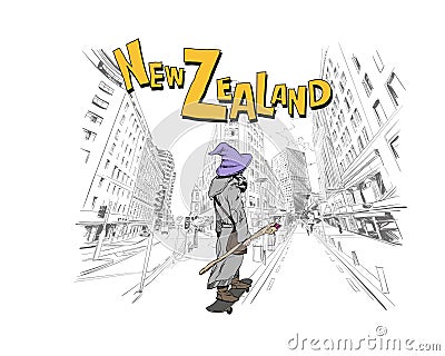 Wizard is riding on skateboard in the city Wellington. New Zealand. Hand drawn city sketch. Fantasy vector illustration. Design f Vector Illustration