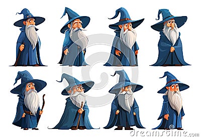 Wizard set. Magician cartoon characters, sorcerer with beard fantasy hat robe magic old man character witchcraft costume Vector Illustration