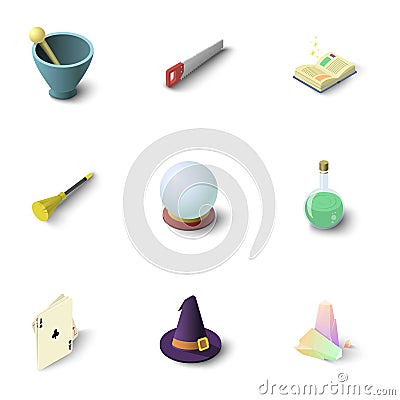 Wizard stuff icons set, isometric style Vector Illustration