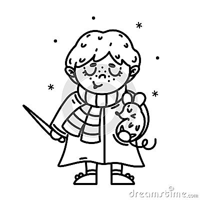 Wizard vector icon. Cute kids coloring book. A boy in a scarf and robe holds a pet rat and a magic wand in his hands Vector Illustration