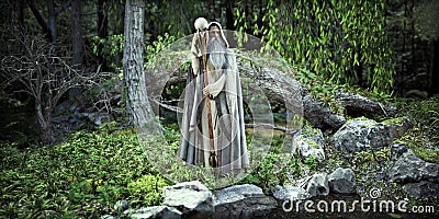 The Wizard of the woods. A legendary white cloaked wizard posing in his mythical enchanted forest by a nearby pond. Stock Photo