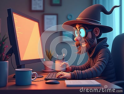Wizardly Coder: Cartoon wizard at computer, coding with a magical touch, working on a spellbinding project with focus and Stock Photo