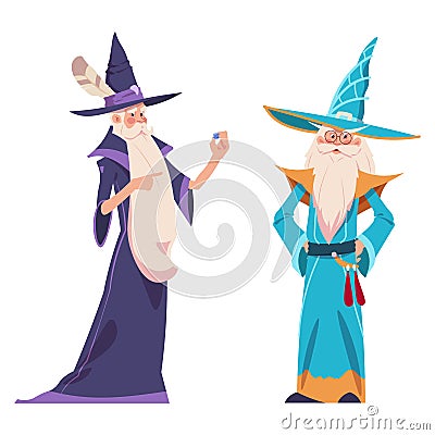 Wizards. Characters in robes costume and hats with silver beard. Old men hold magic stone. People isolated. Cartoon Vector Illustration
