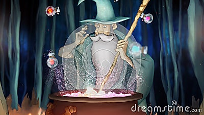 Wizards and magic. Stock footage. Cartoon animation of old wizard preparing potions in cauldron. Wizard mixed potions in Stock Photo