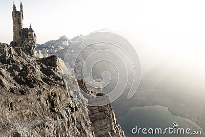 Wizards tower high above the mountains edge overlooking a lake. Fantasy concept 3d rendering illustration. Cartoon Illustration