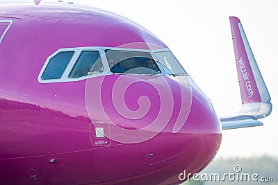 Wizzair commercial airplane takeoff from Otopeni airport in Bucharest Romania Editorial Stock Photo