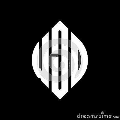 WJD circle letter logo design with circle and ellipse shape. WJD ellipse letters with typographic style. The three initials form a Vector Illustration