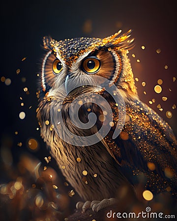 Owl with golden sparkles on a dark background. Generative AI Stock Photo