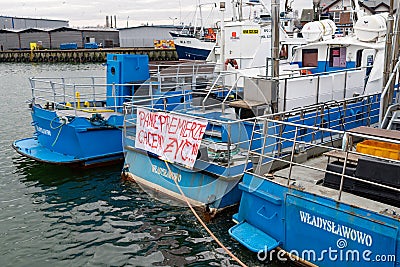 Wladyslawowo, pomorskie / Poland - January, 14, 2020: Protest of fishermen in Central Europe. Strike In the Polish seaport Editorial Stock Photo
