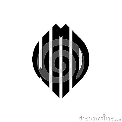 WMD circle letter logo design with circle and ellipse shape. WMD ellipse letters with typographic style. The three initials form a Vector Illustration