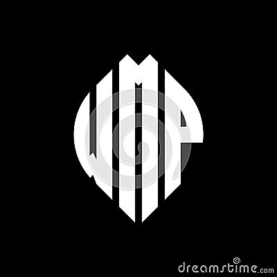 WMP circle letter logo design with circle and ellipse shape. WMP ellipse letters with typographic style. The three initials form a Vector Illustration