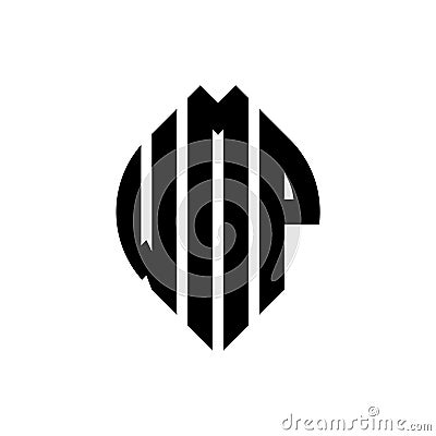 WMP circle letter logo design with circle and ellipse shape. WMP ellipse letters with typographic style. The three initials form a Vector Illustration