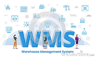Wms warehouse management concept with big words and people surrounded by related icon spreading Cartoon Illustration