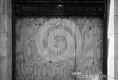 Woburn Five Cent Bank boarded up and padlocked Editorial Stock Photo