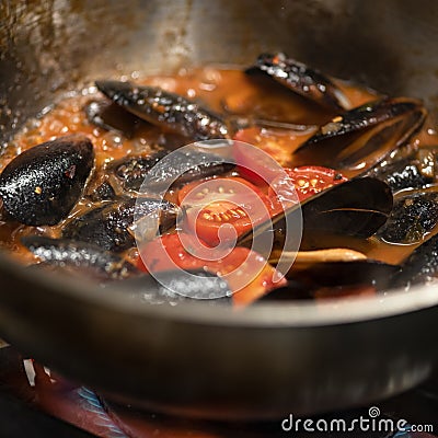 Exotic noodle and mussel soup and lemon slices. Top view of white bowl on black background. Spicy oriental dish Stock Photo
