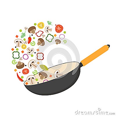 Wok pan, tomato, paprika, pepper, shiitake mushroom and carrots. Asian food. Fresh flying vegetables. Flat vector Vector Illustration