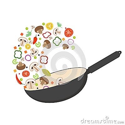 Wok pan, tomato, paprika, pepper, shiitake mushroom and carrots. Asian food. Fresh flying vegetables. Flat vector Vector Illustration