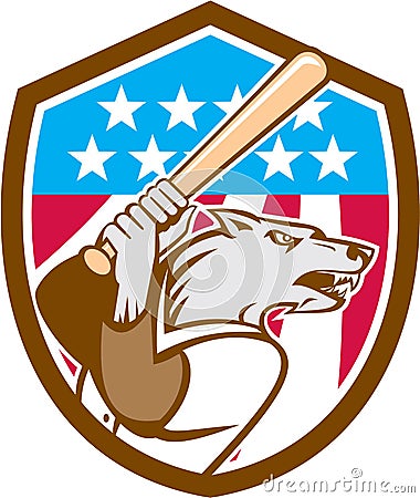 Wolf Baseball With Bat USA Stars Shield Retro Vector Illustration