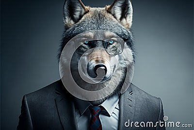 Wolf business portrait dressed as a manager or ceo in a formal office business suit with glasses and tie. Ai generated Stock Photo