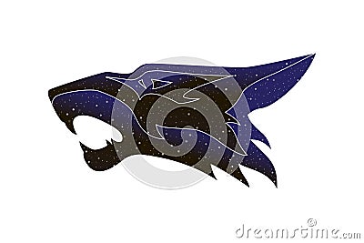 Wolf, coyote or dog stylized roaring head. Tribal power mascot. Vector line canine animal illustration, night sky silhouette Vector Illustration