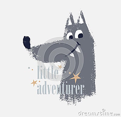 Wolf cute and funny dude t-shirt print. Forest friends kids design, wild animal nursery poste Vector Illustration