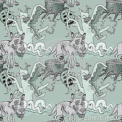 Wolf and dangerous forest seamless pattern Vector Illustration