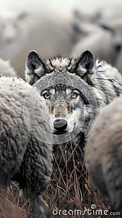 Wolf disguised among sheep in a meadow Stock Photo