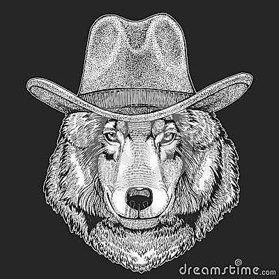 Wolf, Dog. Wild west. Traditional american cowboy hat. Texas rodeo. Print for children, kids t-shirt. Image for emblem Vector Illustration