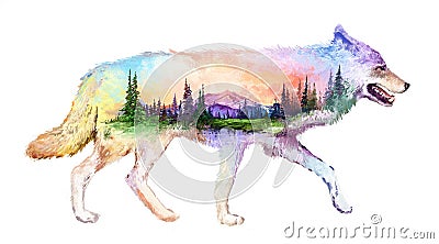 Wolf double exposure illustration Cartoon Illustration