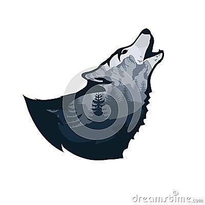 Wolf double exposure. Wildlife for your design, outdoors symbol wolf double exposure. Vector Illustration