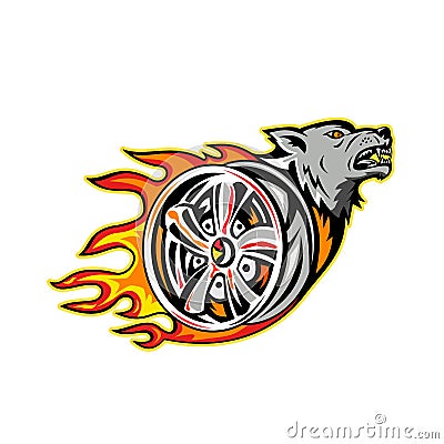 Wolf on Flaming Wheel Rim Vector Illustration