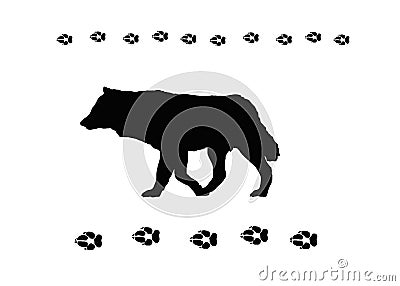 Wolf with footprints vector illustration of black silhouette. Cartoon Illustration