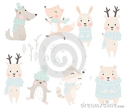 Wolf, fox, bunny, bear, raccoon, reindeer, penguin baby winter set. Cute christmas animal in warm sweater, scarf. Vector Illustration