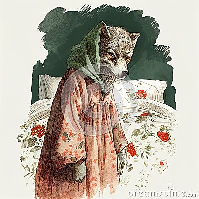 Wolf in Grandmother Nightdress Clothing Little Red Riding Hood Folklore Tale Grandma Disguise Generative AI Cartoon Illustration