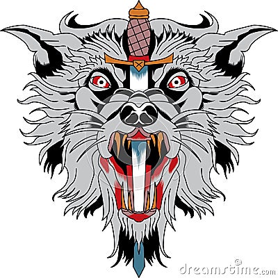 Wolf head with knife, vector tattoo Vector Illustration