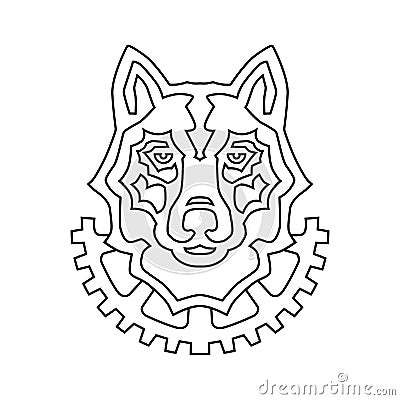 Wolf head and mechanical gear logo outline Vector Illustration