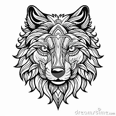 Ornate Wolf Head Coloring Page With Ominous Vibe Cartoon Illustration