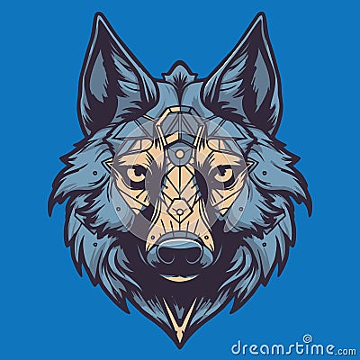 Wolf head vector illustration. Wild wolf head isolated on blue background Vector Illustration