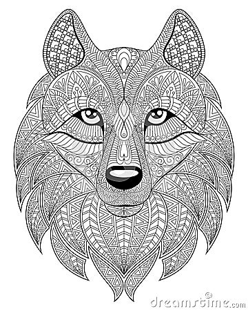 Wolf head in zentangle style. Adult antistress coloring page Vector Illustration