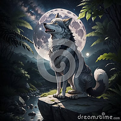 Wolf howling on full moon and stars. Generative AI Stock Photo