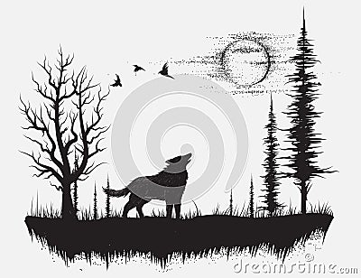Wolf howling at the moon Vector Illustration