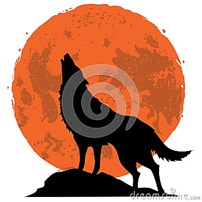 Wolf Howling at the Moon in the Midnight Vector Illustration