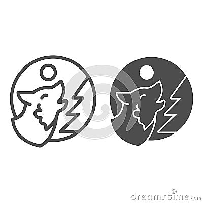 Wolf howling at moon near tree line and solid icon, halloween concept, predator in forest sign on white background Vector Illustration