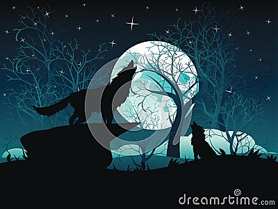 Wolf Howling in the Night Forest Vector Illustration